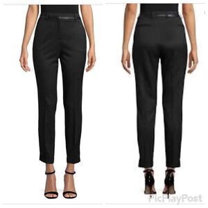 The Kooples Women's High Waist Leather Trim Stretch Wool Black Trousers Sz 34